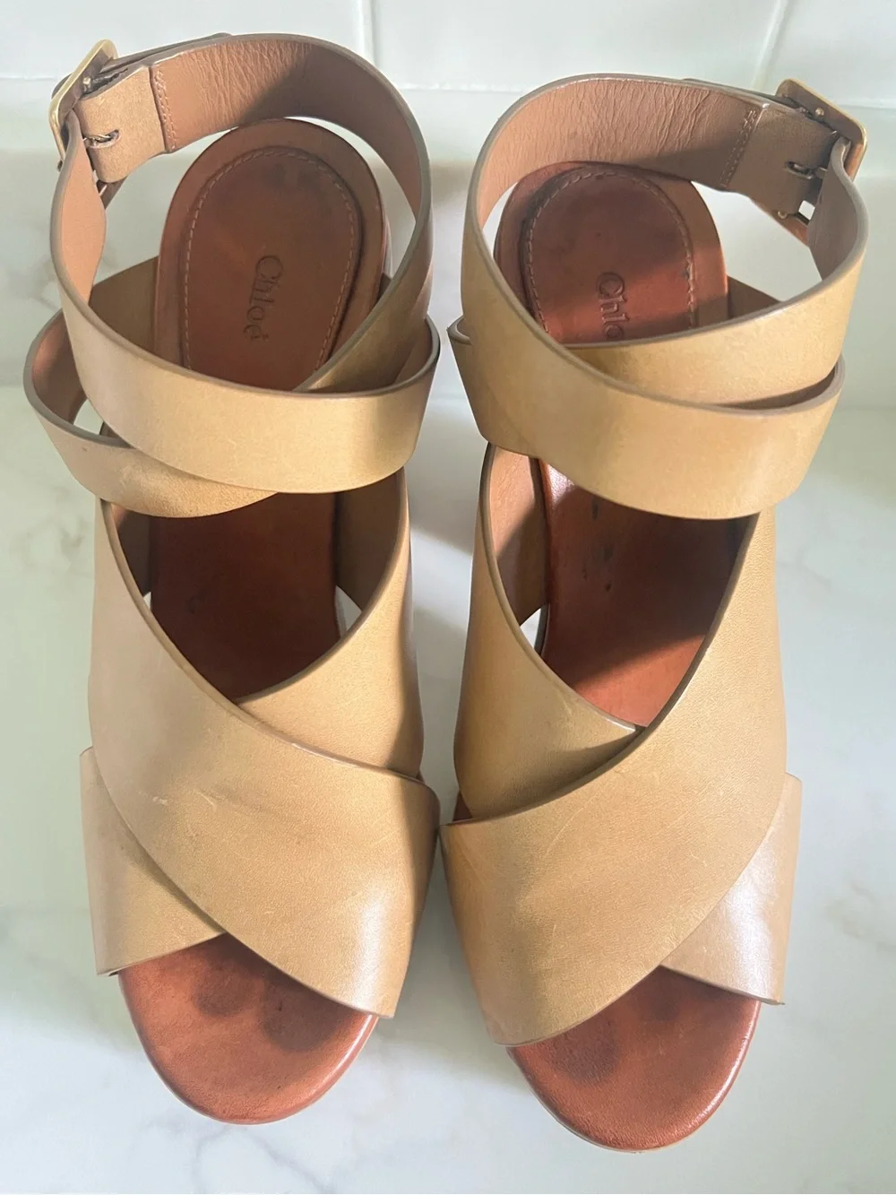 Authentic Chloe Tan Crossover Ankle Strap Platform Heels - Women’s 38.5